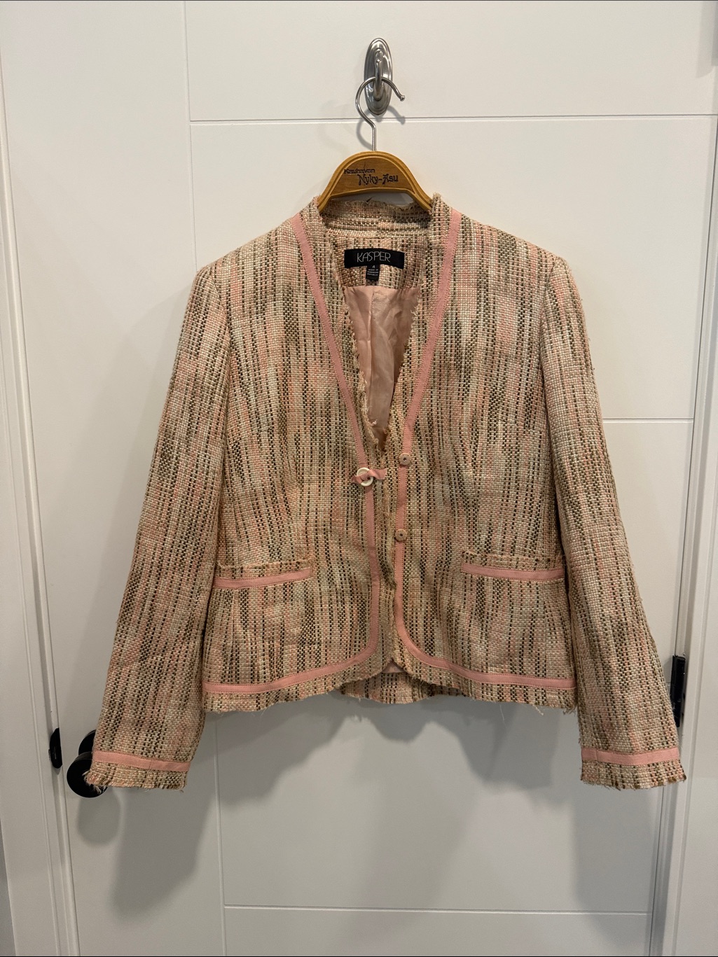 Kasper Pink And Tan Tweed Open-Front Blazer Size 4